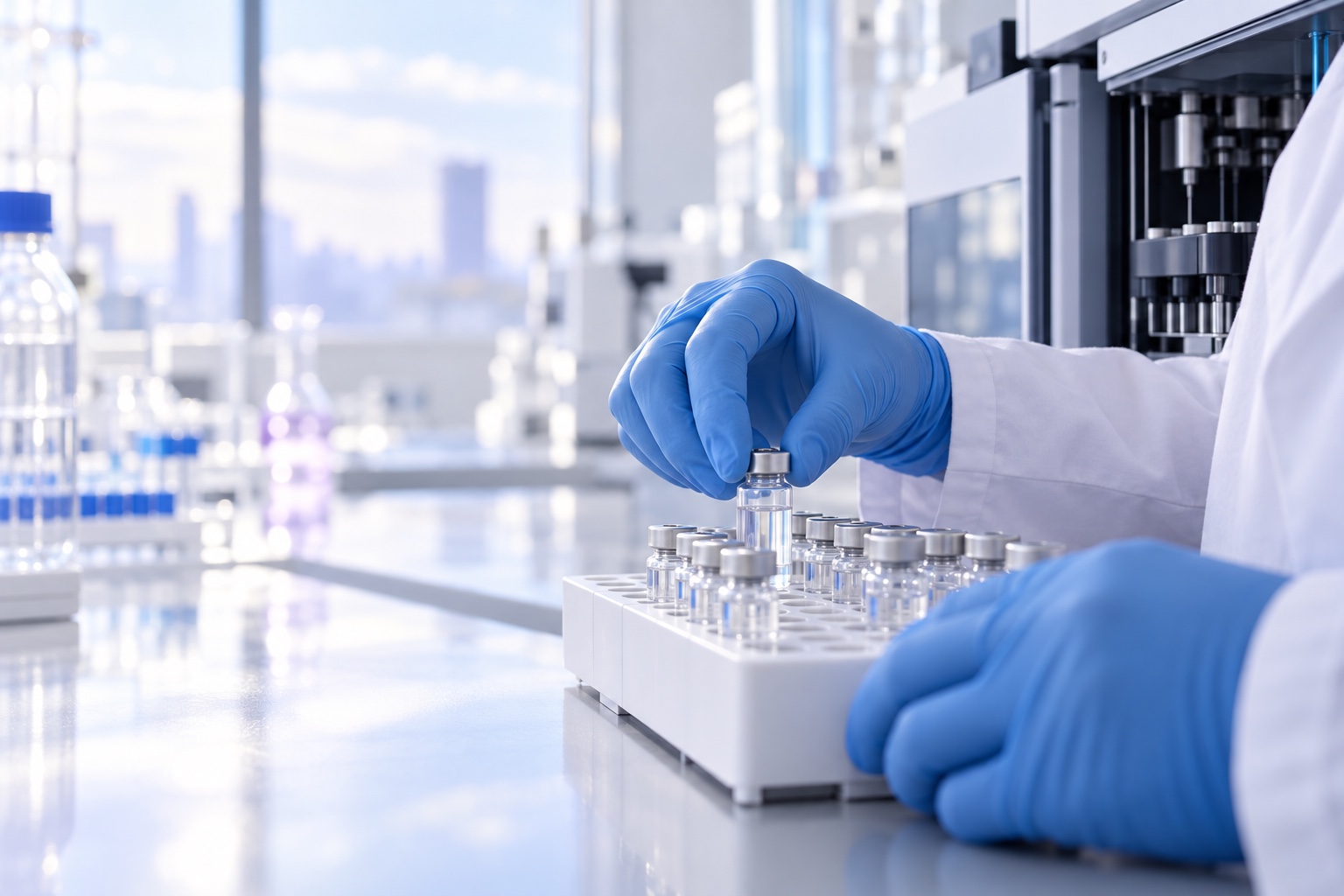 Conceptual laboratory photograph of gloved hands handling research vials